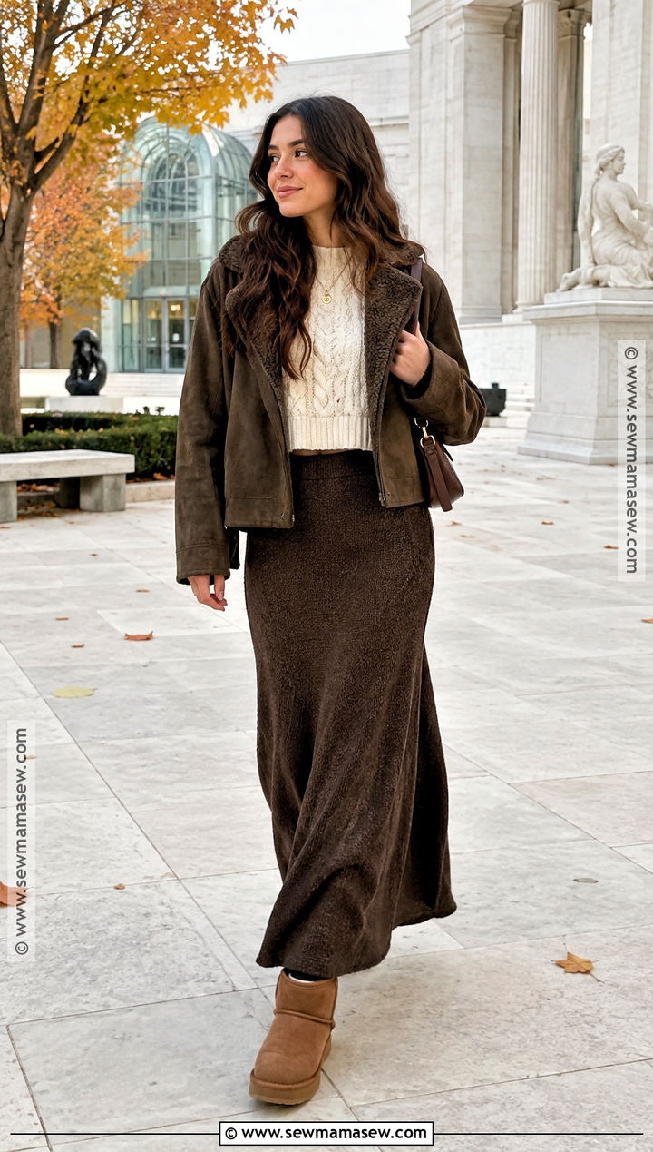 Platform Uggs With Maxi Skirt And Cropped Sweater - 15 Platform Uggs Outfit Fall Ideas