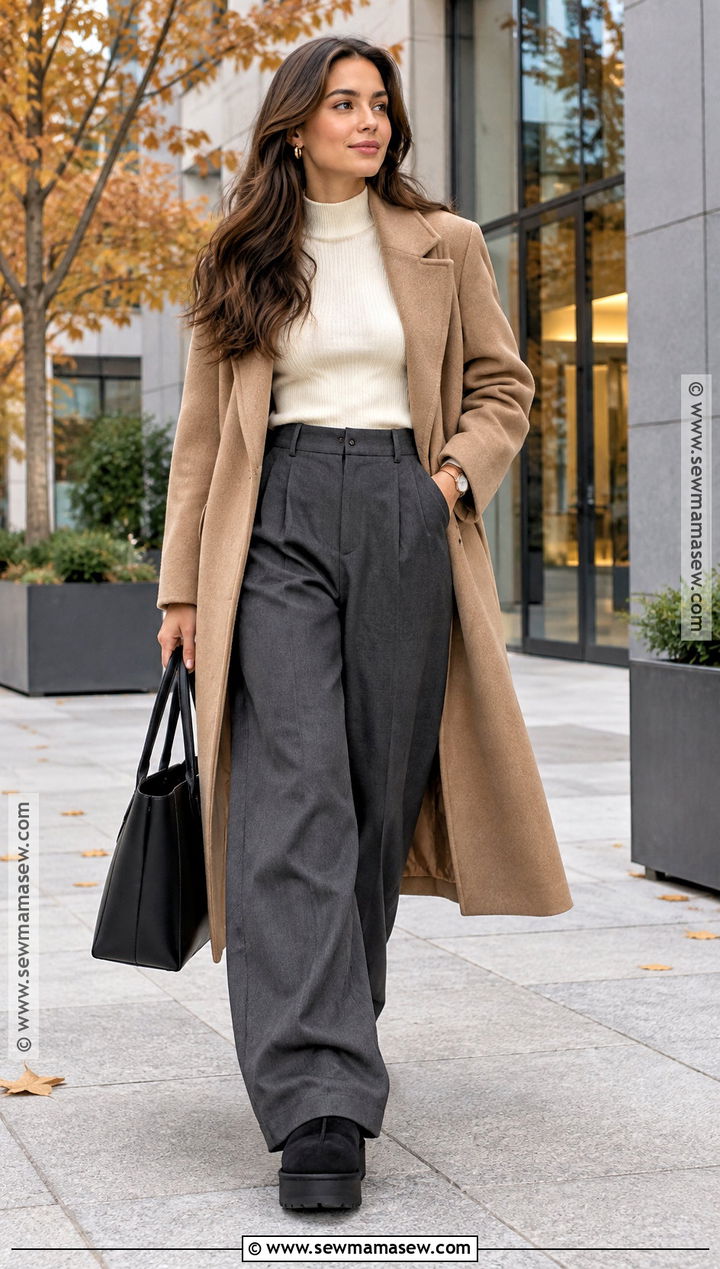 Platform Uggs With Wide Leg Trousers And Knit Sweater - 15 Platform Uggs Outfit Fall Ideas