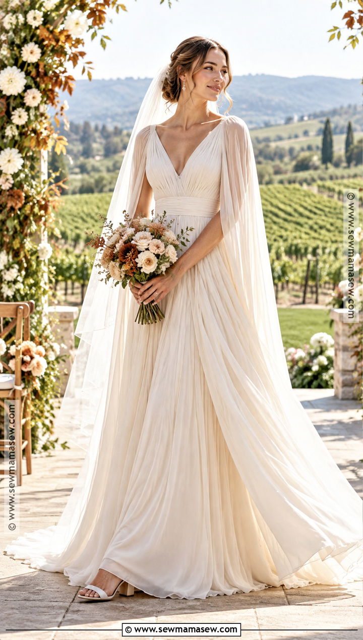 Pleated Chiffon Bridal Dress With Cape Sleeves - 15 autumn bridal dress ideas