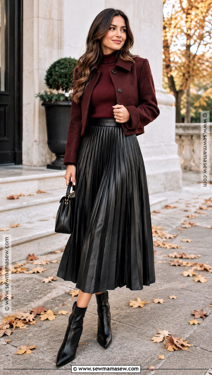 Pleated Faux Leather Skirt With Fitted Knit Top - 20 Faux Leather Skirt Outfit Fall Ideas