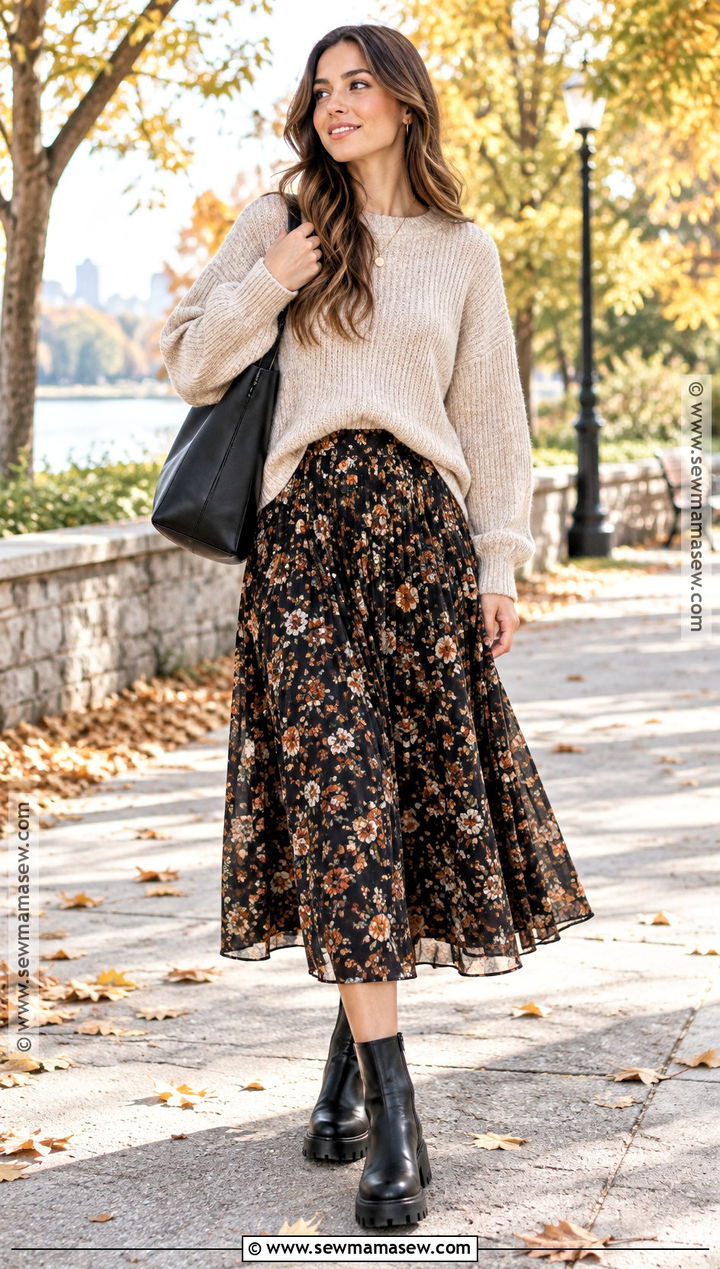 Pleated Floral Skirt With Chunky Sweater And Lug Sole Boots - 15 Autumn Outfit With Floral Skirt And Boots