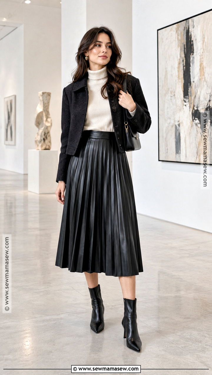 Pleated Leather Midi Skirt With Turtleneck - 20 Fall Leather Skirt Outfit Ideas