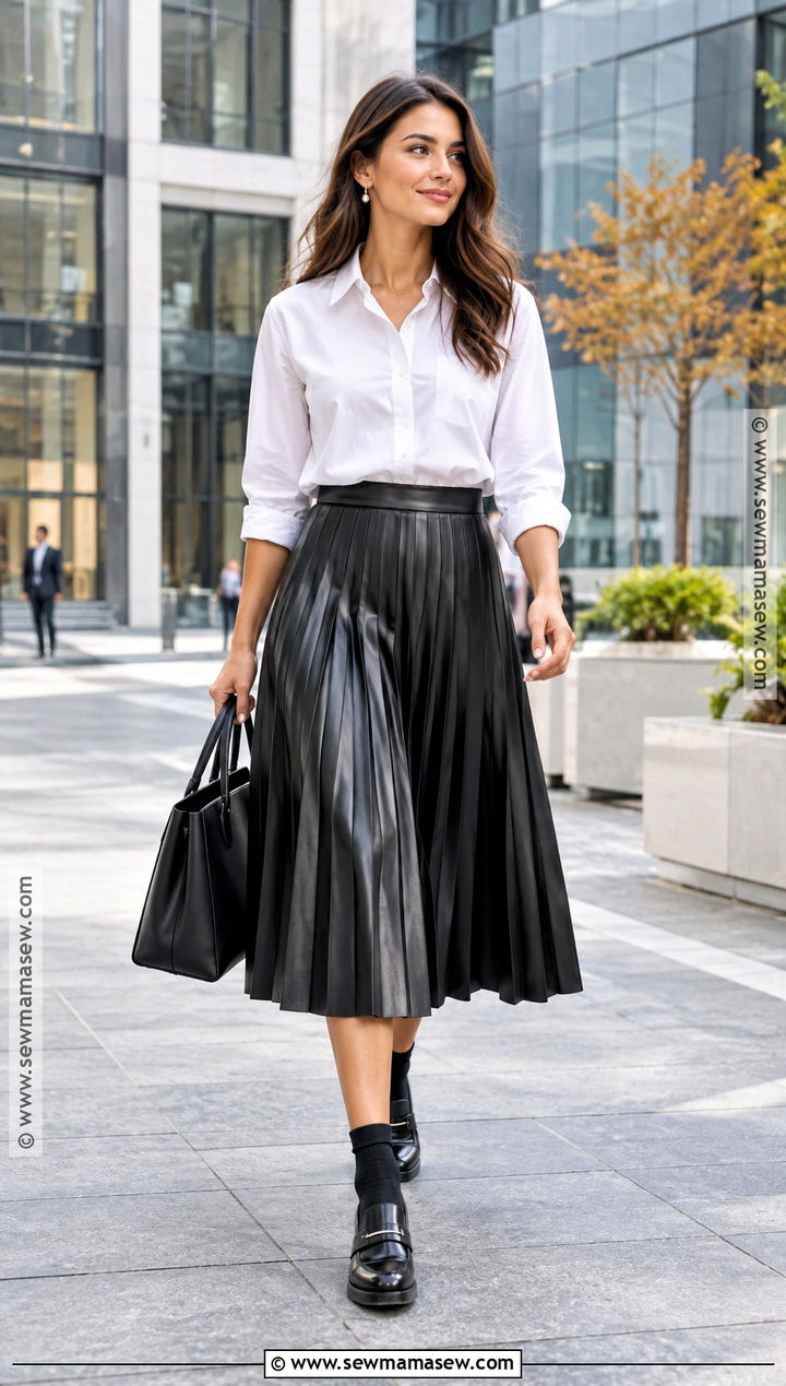 Pleated Leather Skirt With Button Down Shirt - 15 Fall Leather Skirt Ideas