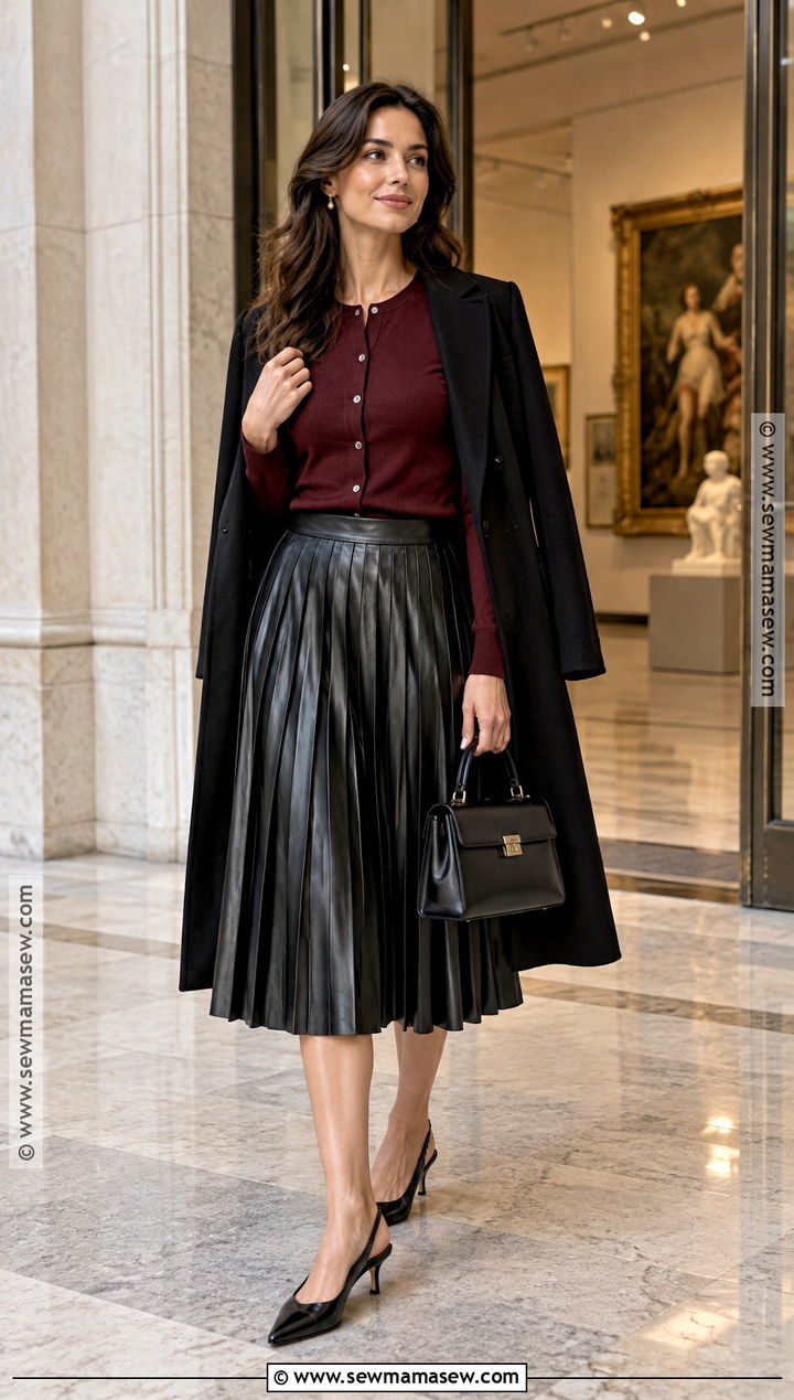 Pleated Leather Skirt With Cardigan And Slingback Heels - 20 leather skirt outfit fall ideas