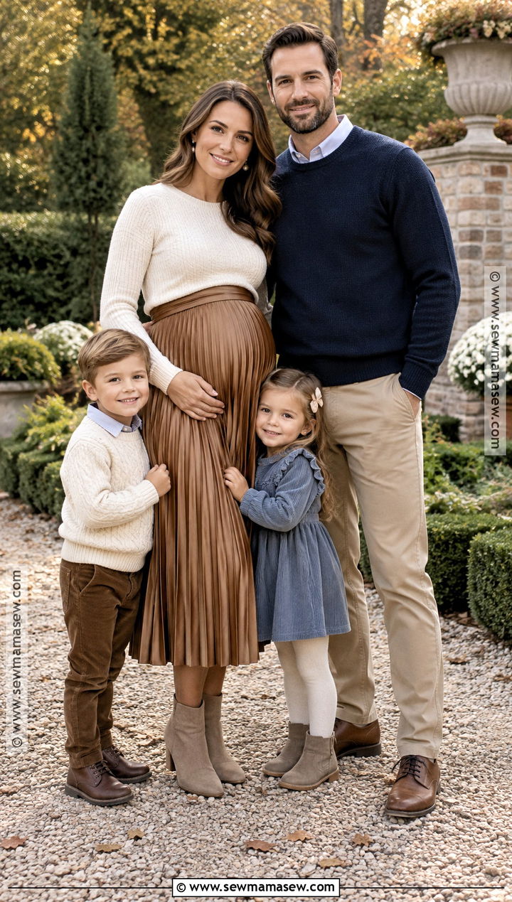 Pleated Maternity Skirt And Fitted Sweater Family Photo Outfit - 15 fall maternity family photos outfits