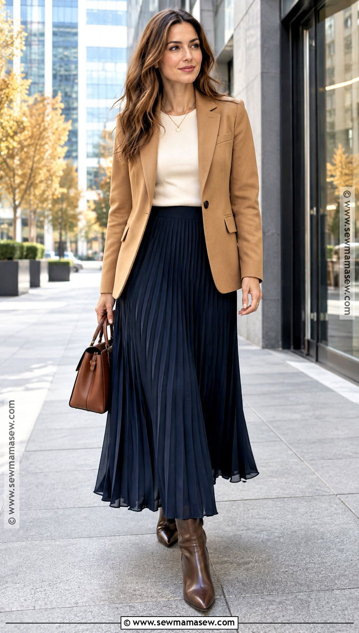 Pleated Maxi Skirt With Blazer And Boots - 20 maxi skirt outfit autumn ideas