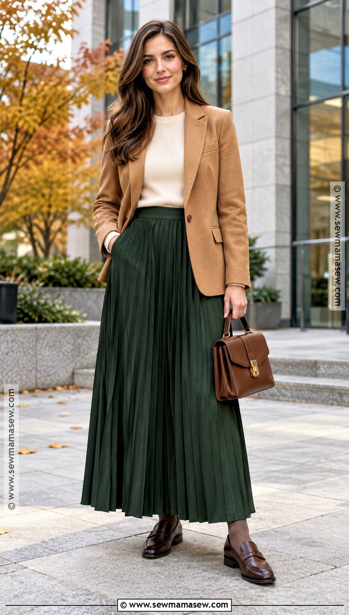 Pleated Maxi Skirt With Blazer And Loafers - 15 maxi skirt outfit fall ideas 2026