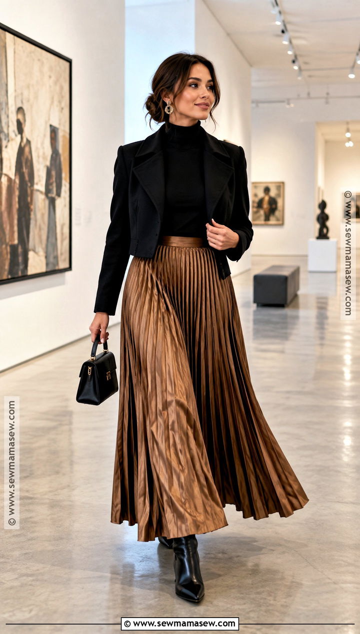 Pleated Maxi Skirt With Fitted Turtleneck - 25 fall date night outfit dressy ideas