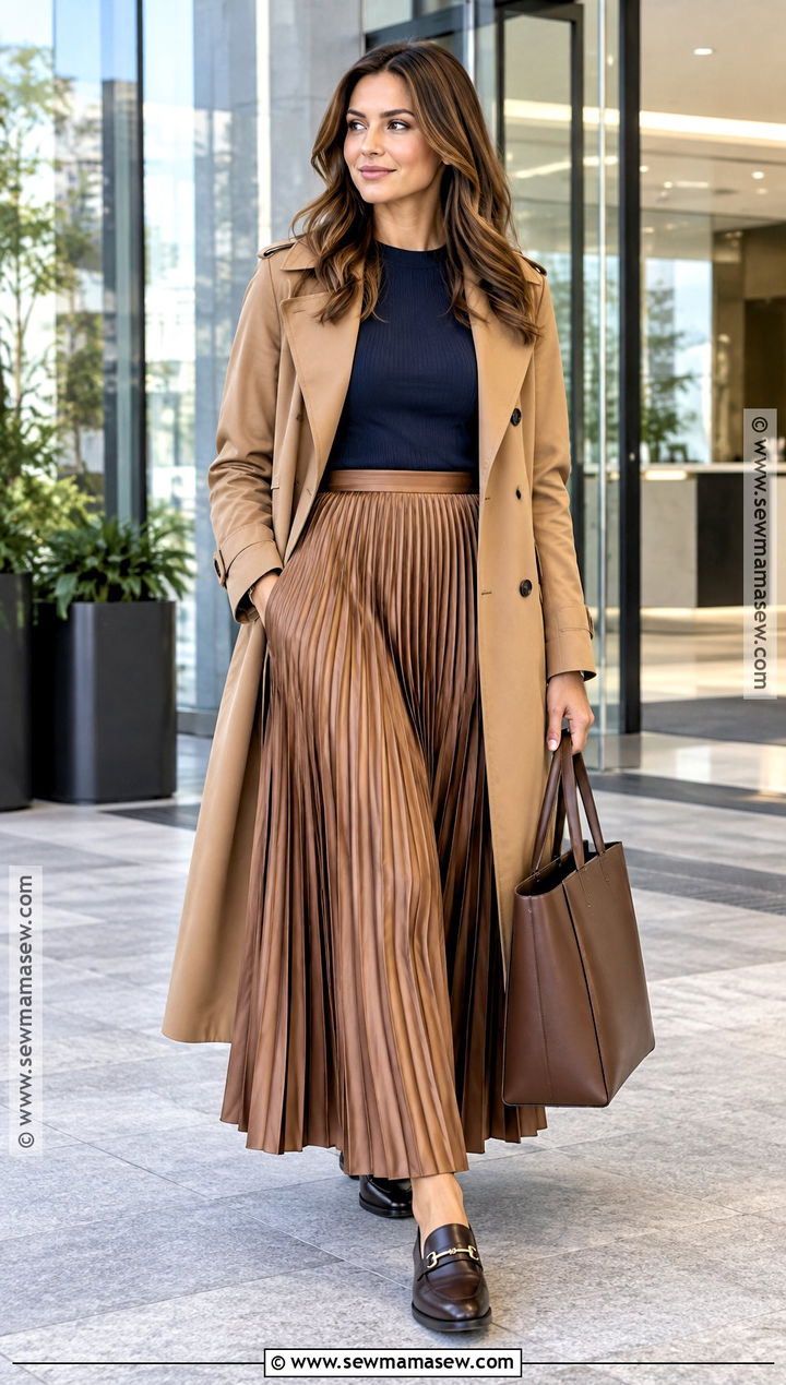 Pleated Maxi Skirt With Trench Coat And Loafers - 20 Autumn Maxi Skirt Outfit Ideas
