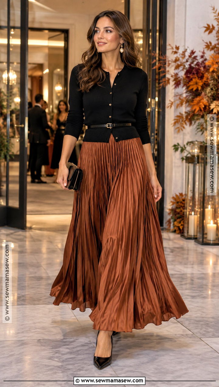 Pleated Maxi Skirt and Fitted Cardigan Outfit - 15 Cute Fall Dressy Outfits