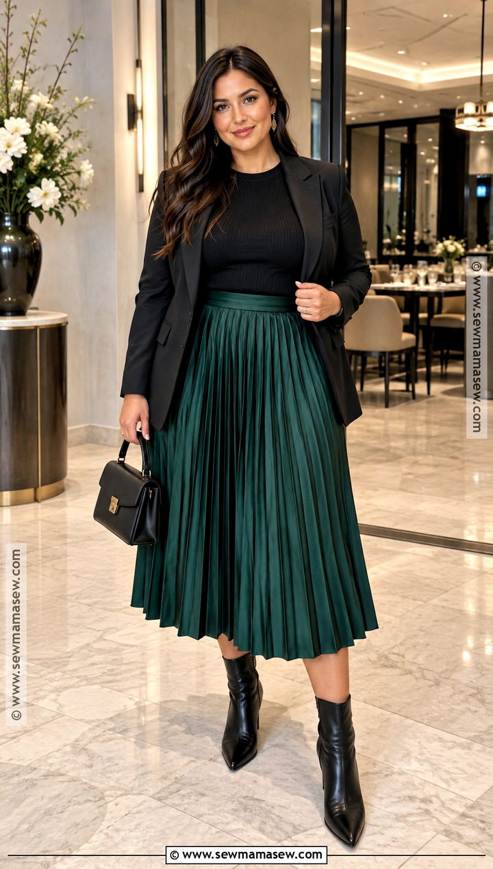Pleated Midi Skirt And Blazer Dinner Outfit - 25 dinner outfit fall ideas
