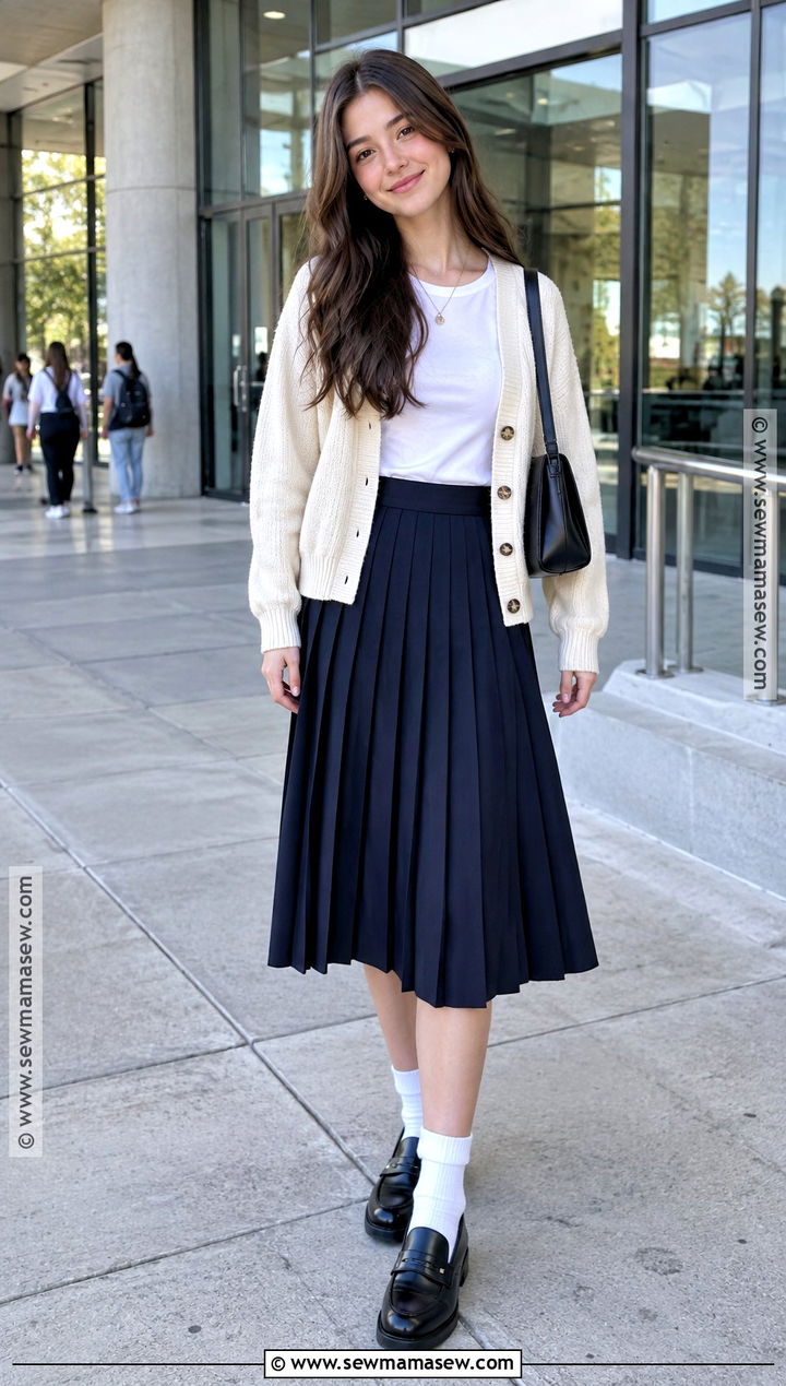 Pleated Midi Skirt And Cardigan Back To School Outfit - 15 Back To School Outfits And Where From