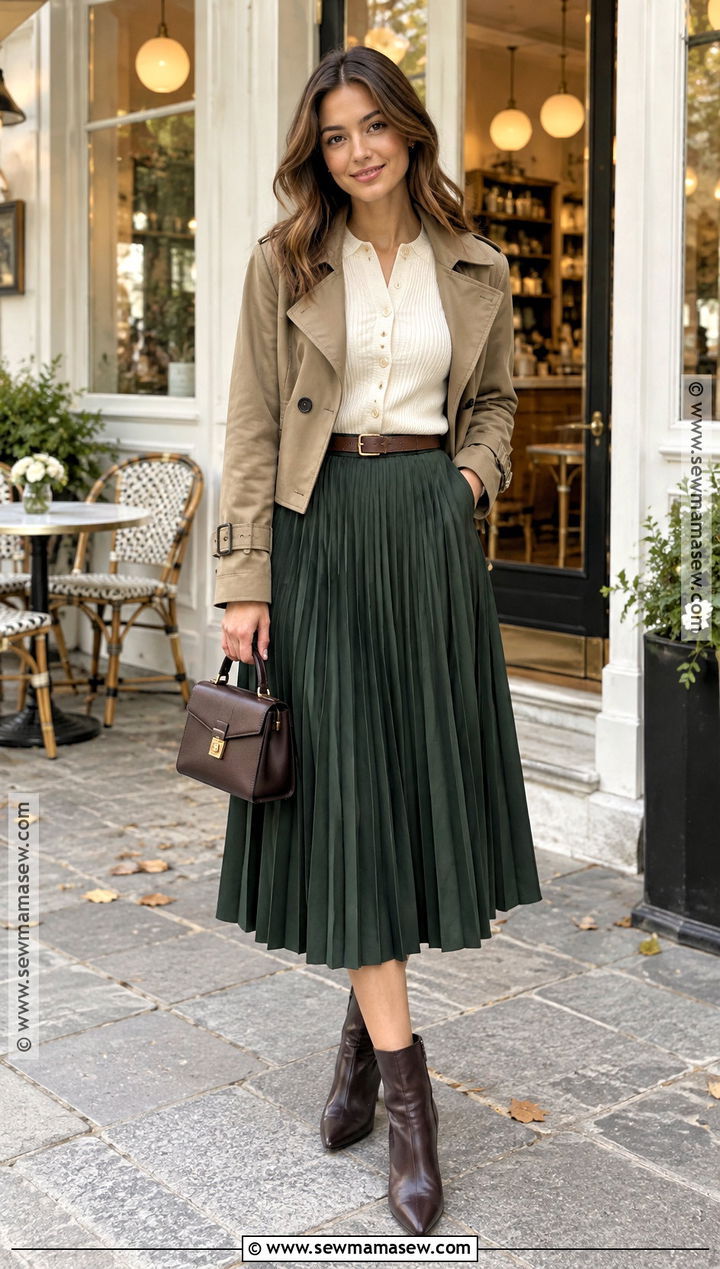 Pleated Midi Skirt And Fitted Cardigan Fall Dinner Outfit - 20 dinner date fall outfit ideas