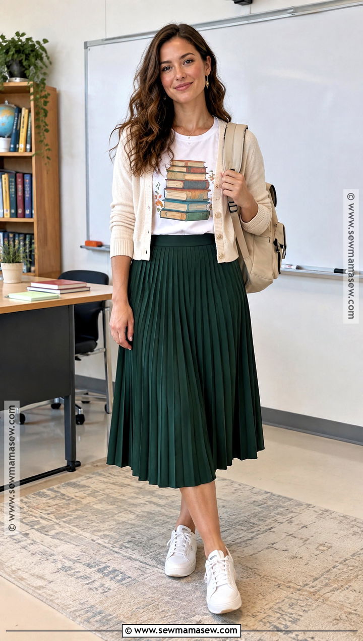 Pleated Midi Skirt And Graphic Tee Teacher Outfit - 15 fun fall teacher outfits