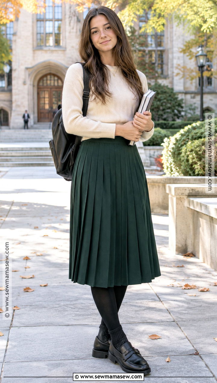Pleated Midi Skirt And Knit Sweater Fall School Outfit - 25 fall outfit inspo for school ideas