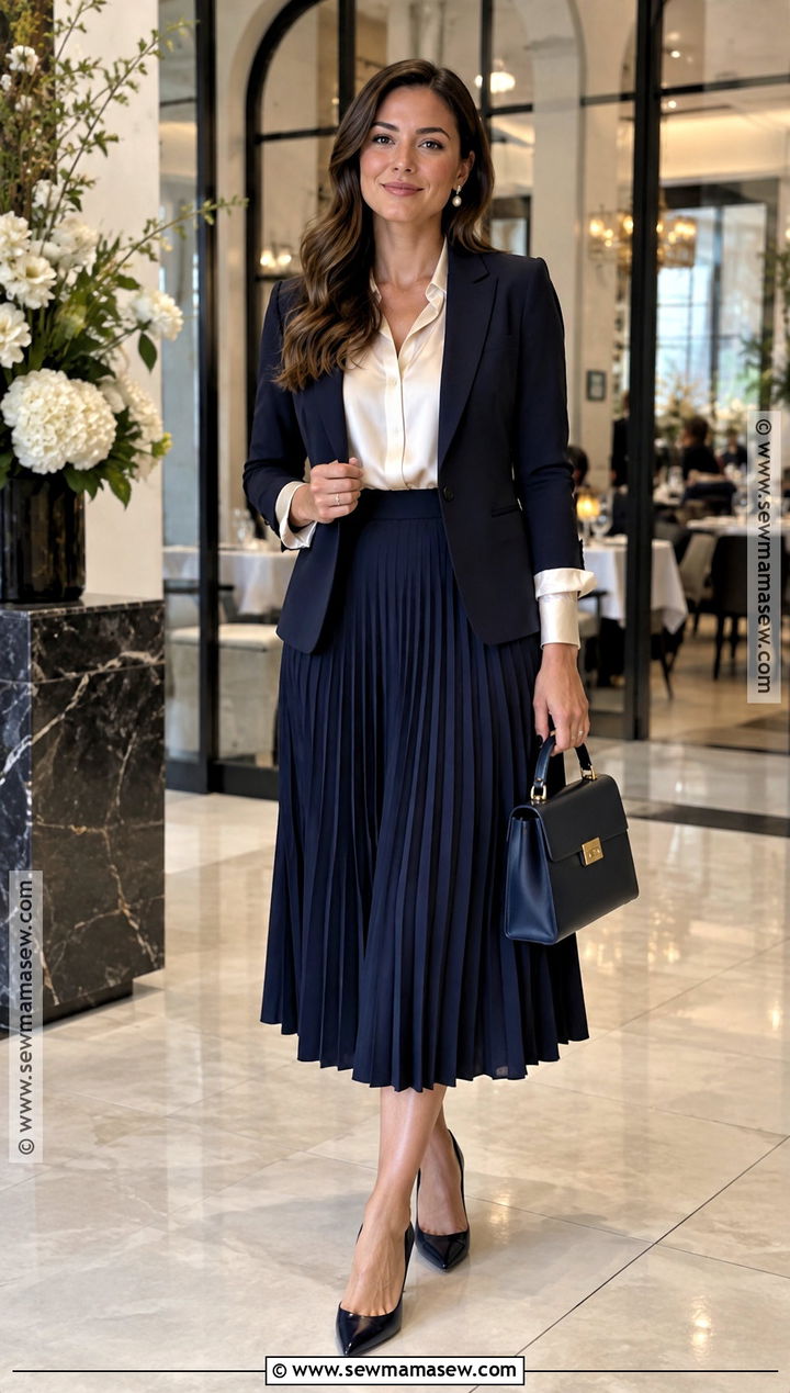 Pleated Midi Skirt And Silk Blouse Fall Dinner Outfit - 15 dressy dinner outfit fall ideas