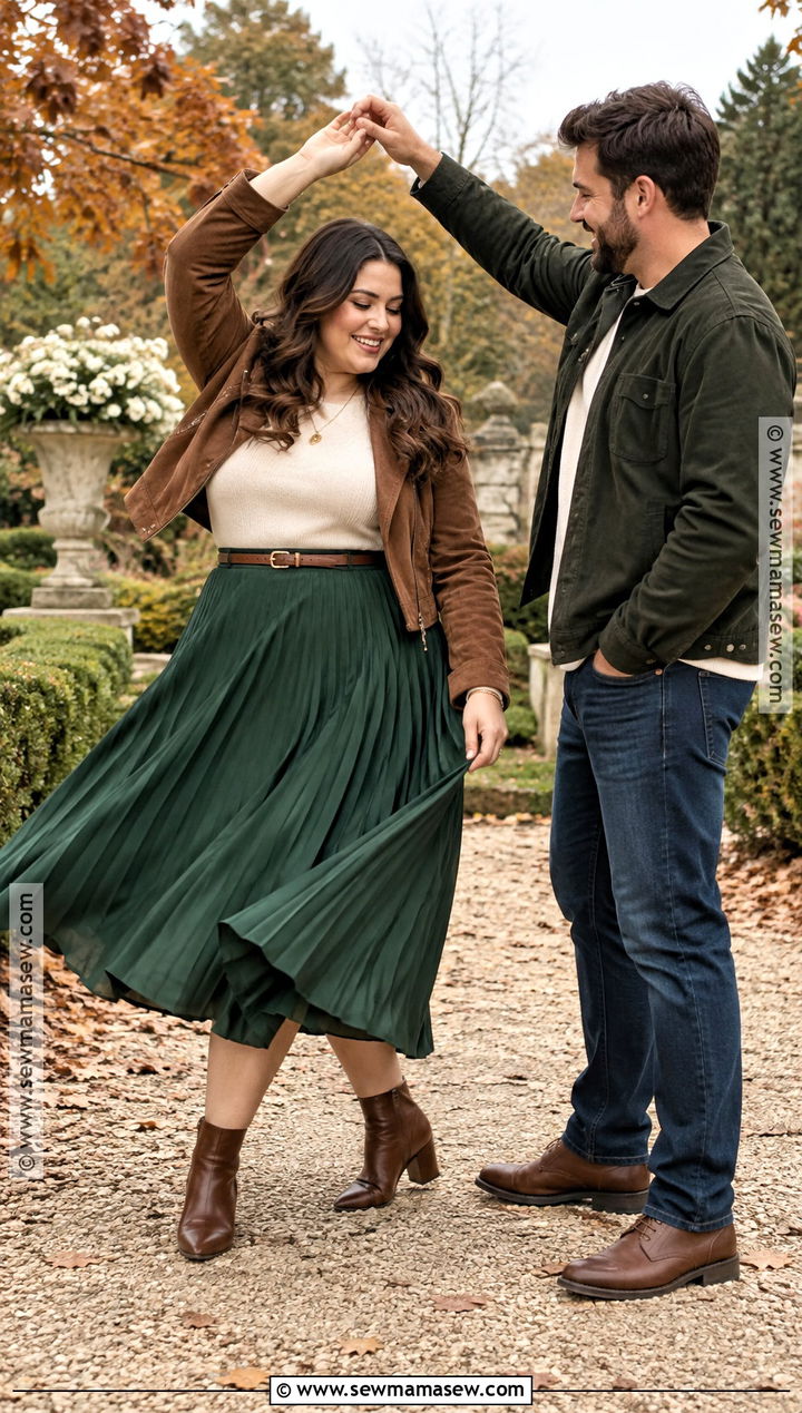 Pleated Midi Skirt And Sweater Engagement Photo Outfit - 20 plus size engagement photos outfits fall