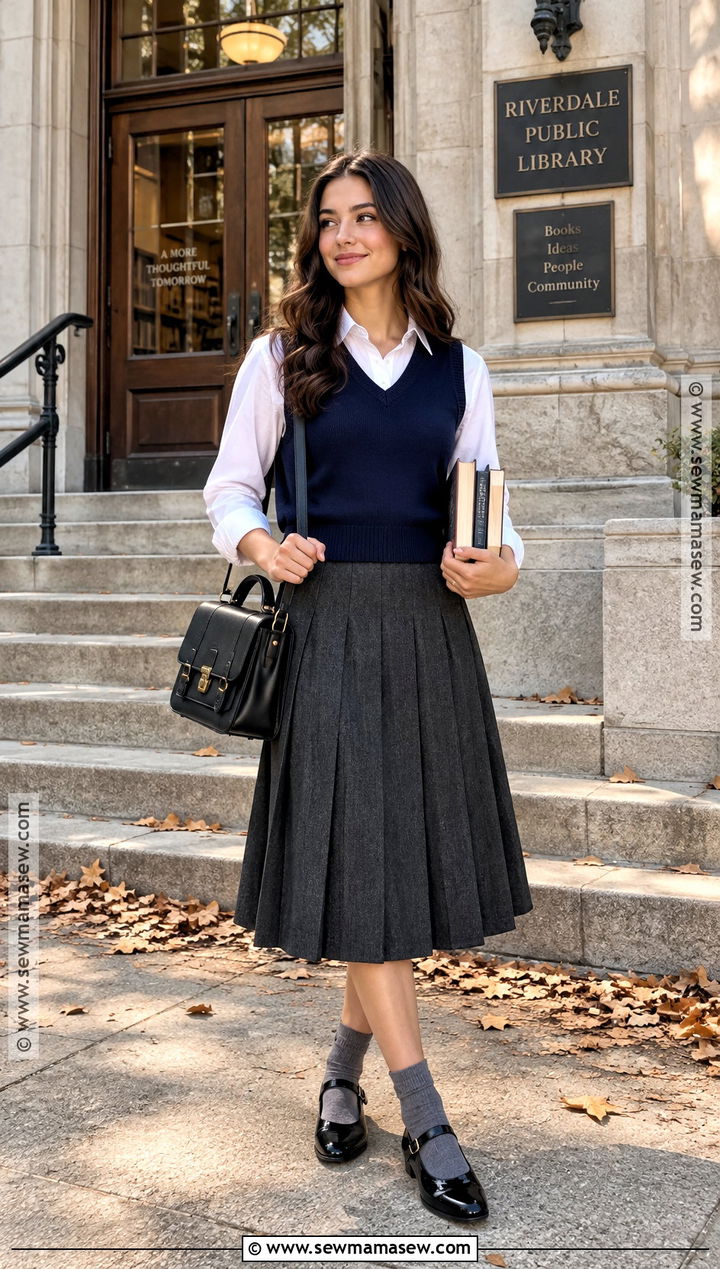 Pleated Midi Skirt And Sweater Vest Outfit - 15 Fall Aesthetic Outfit Skirt Ideas