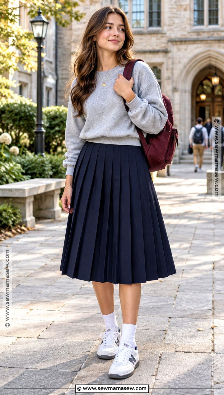 Pleated Midi Skirt And Sweatshirt School Outfit - 20 back to school outfits autumn