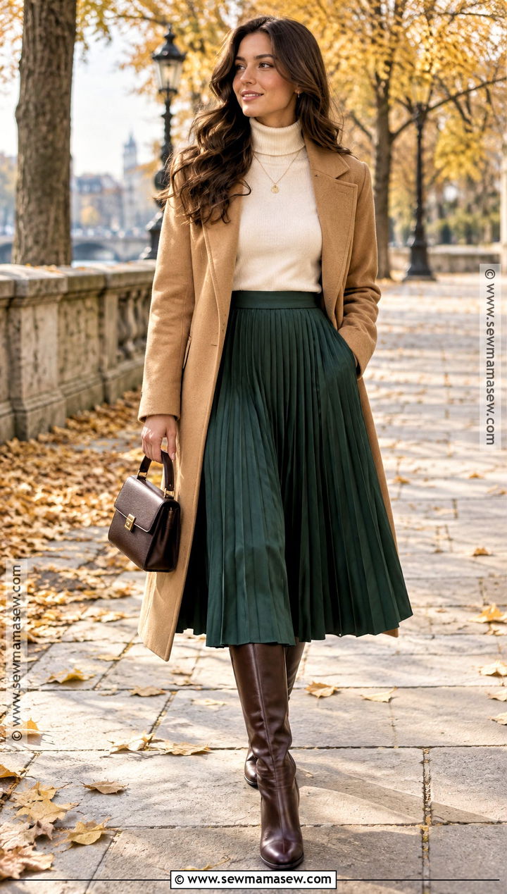 Pleated Midi Skirt And Turtleneck Church Outfit - 15 Church Outfit Inspo For Fall Ideas