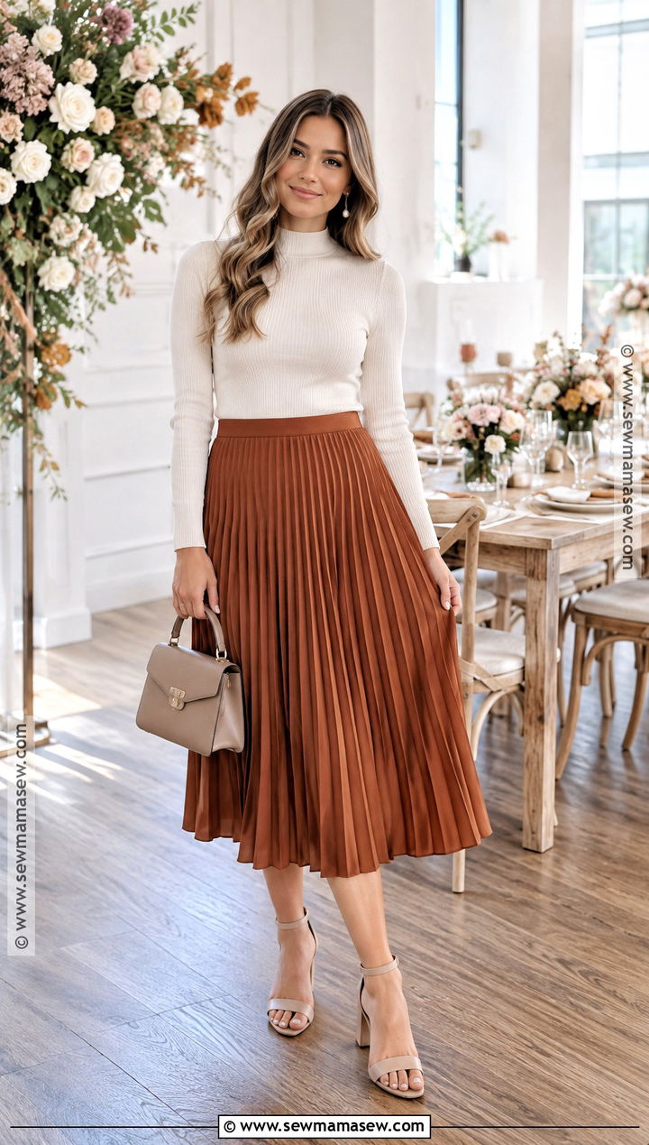 Pleated Midi Skirt Fall Bridal Shower Outfit - 20 bridal shower guest outfit fall ideas