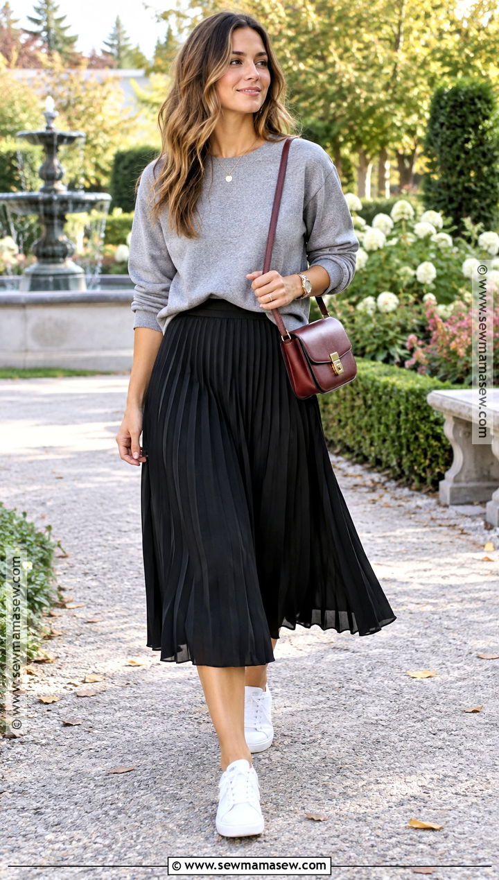 Pleated Midi Skirt Sweatshirt And Sneakers Fall Outfit - 25 transition to fall outfits