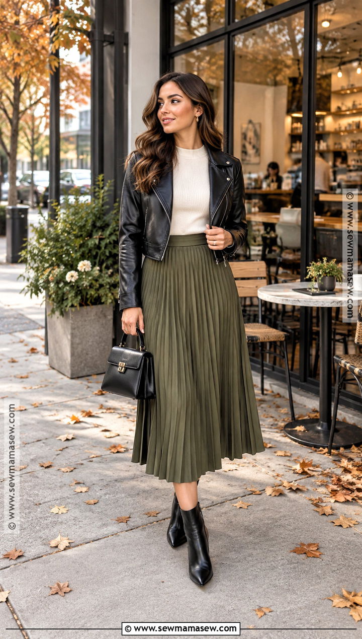 Pleated Midi Skirt With Black Ankle Boots - 20 fall outfits with black boots