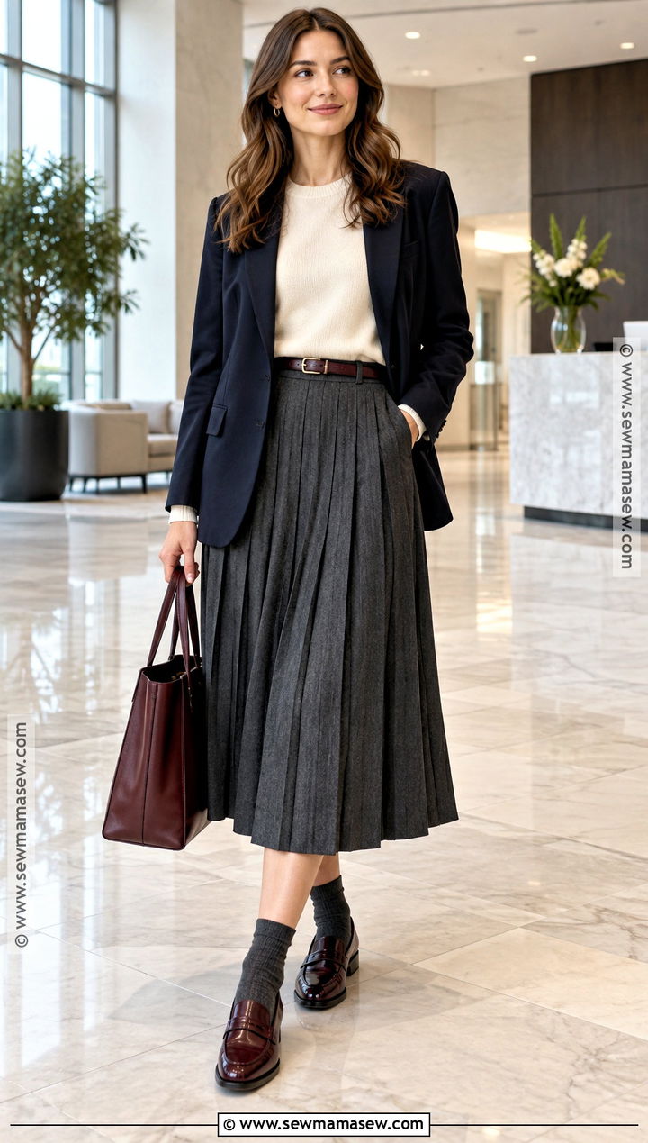Pleated Midi Skirt With Blazer And Loafers - 25 fall outfit skirt ideas