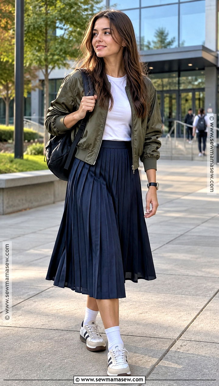 Pleated Midi Skirt With Bomber Jacket And Trainers - 20 Back To School Skirt Outfits