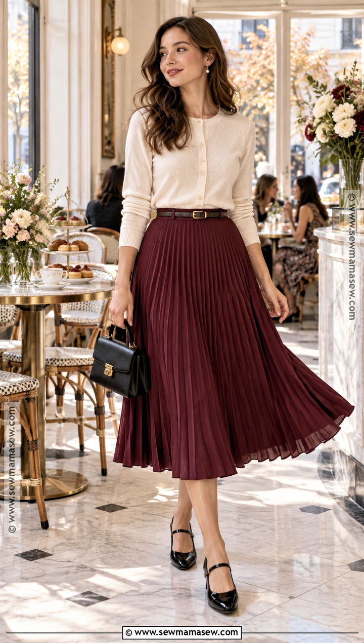 Pleated Midi Skirt With Cardigan And Mary Janes - 15 Daytime Party Outfit Fall Ideas