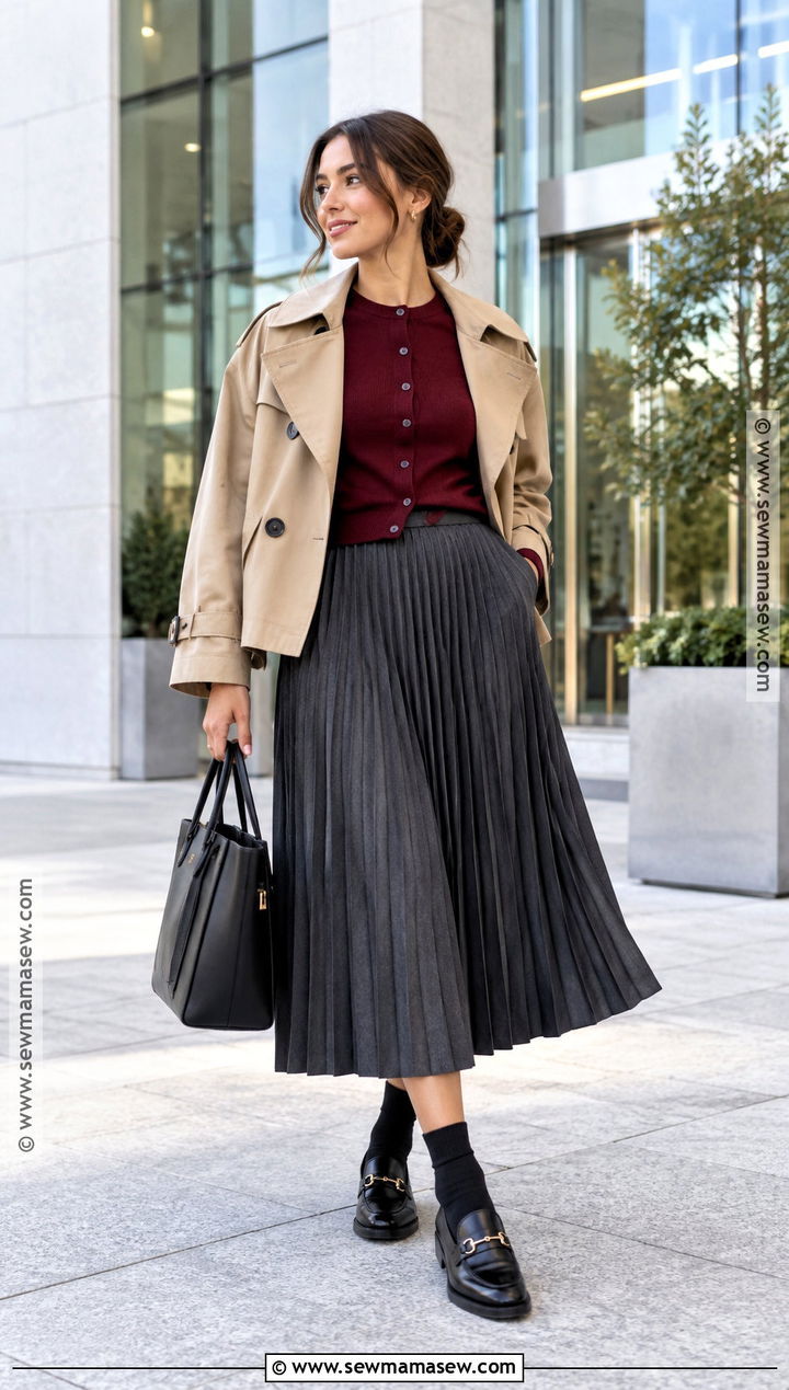 Pleated Midi Skirt With Cardigan and Loafers - 15 fall skirts 2026