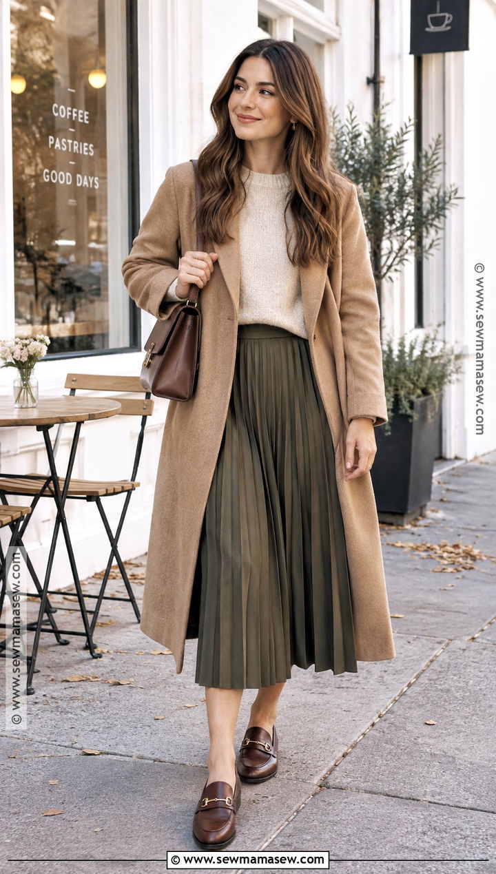 Pleated Midi Skirt With Chunky Sweater And Loafers - 30 fall skirt outfits
