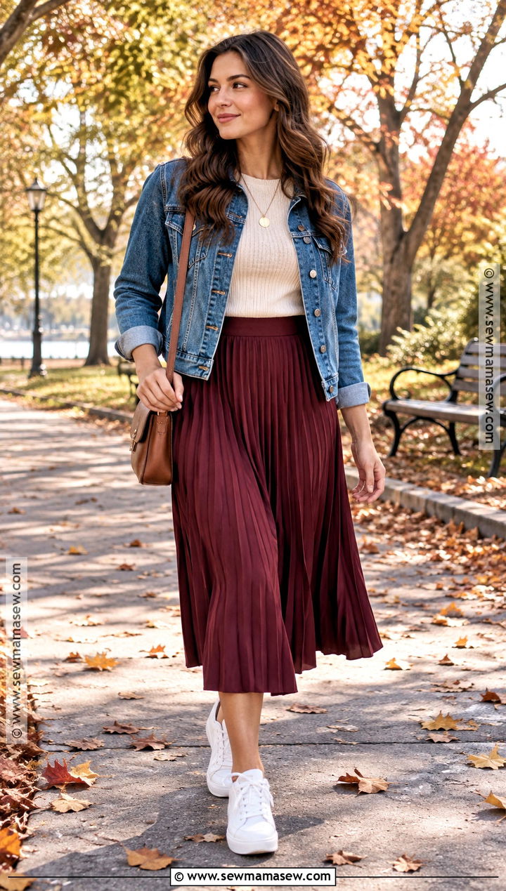 Pleated Midi Skirt With Denim Jacket Outfit - 15 fashion over 25 fall ideas 2026