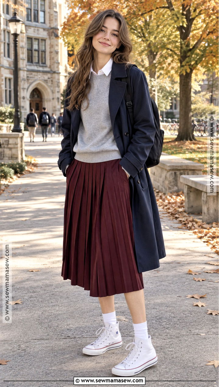 Pleated Midi Skirt With High Top Converse - 15 Fall Skirt Outfits With Converse