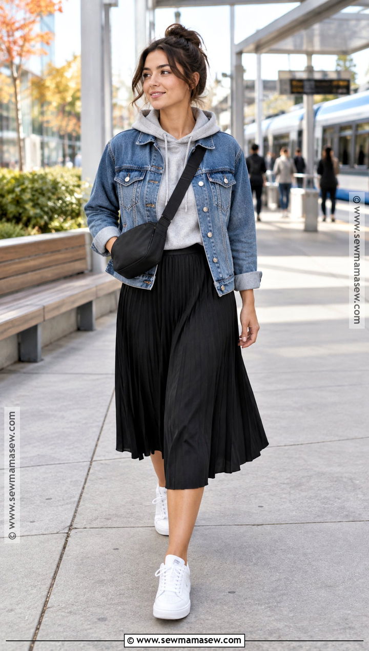 Pleated Midi Skirt With Hoodie And Denim Jacket - 20 pleated skirt fall outfit ideas