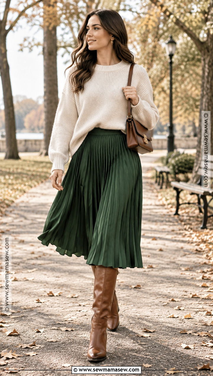 Pleated Midi Skirt With Oversized Sweater Outfit - 25 autumn outfits 2026 trends