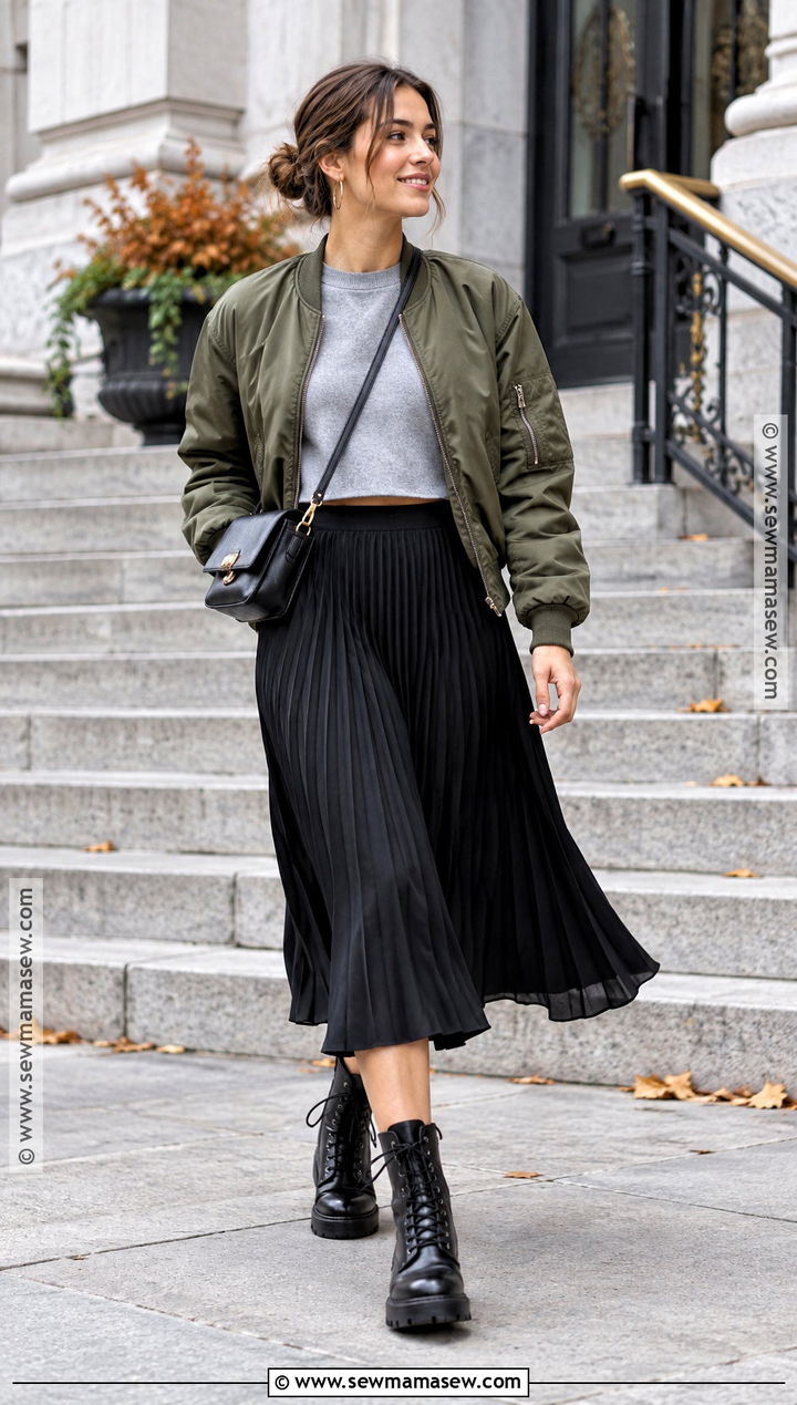 Pleated Midi Skirt With Sweatshirt And Combat Boots - 25 skirt outfits fall