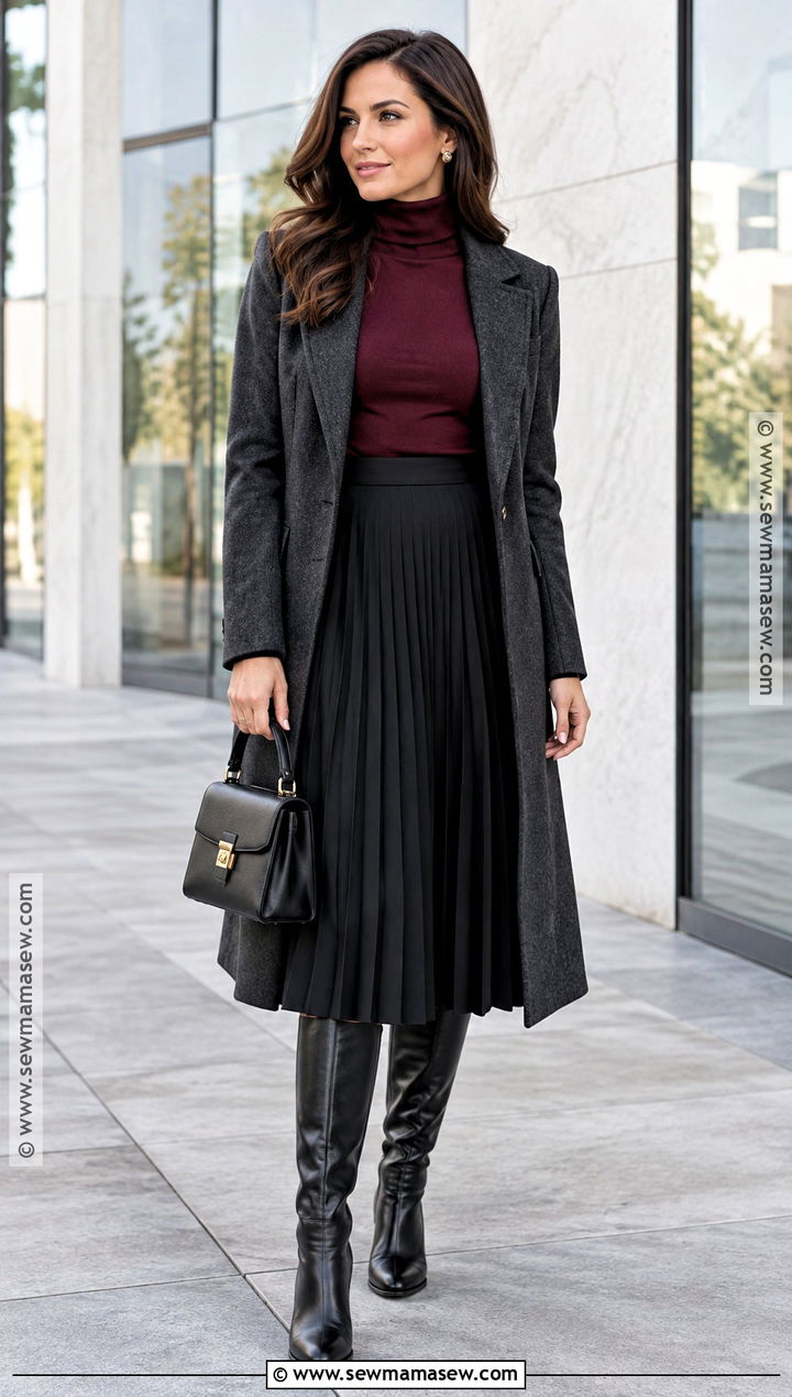 Pleated Midi Skirt With Turtleneck And Boots - 20 Midi Skirt Fall Ideas