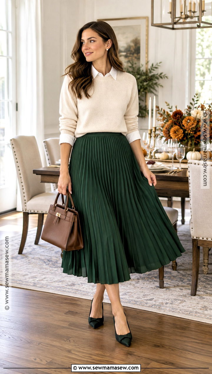 Pleated Midi Skirt and Collared Sweater Thanksgiving Outfit - 20 outfits for thanksgiving for women