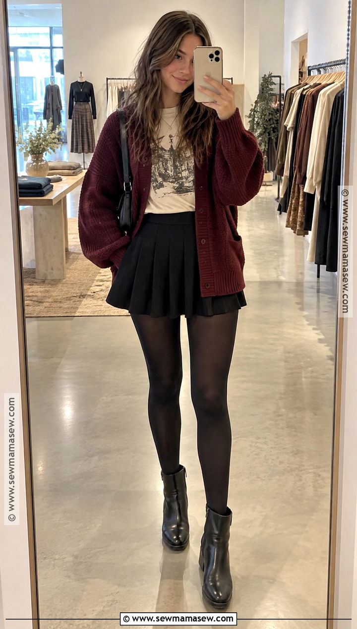 Pleated Mini Skirt With Graphic T Shirt And Cardigan - 15 fall outfit pleated skirt ideas