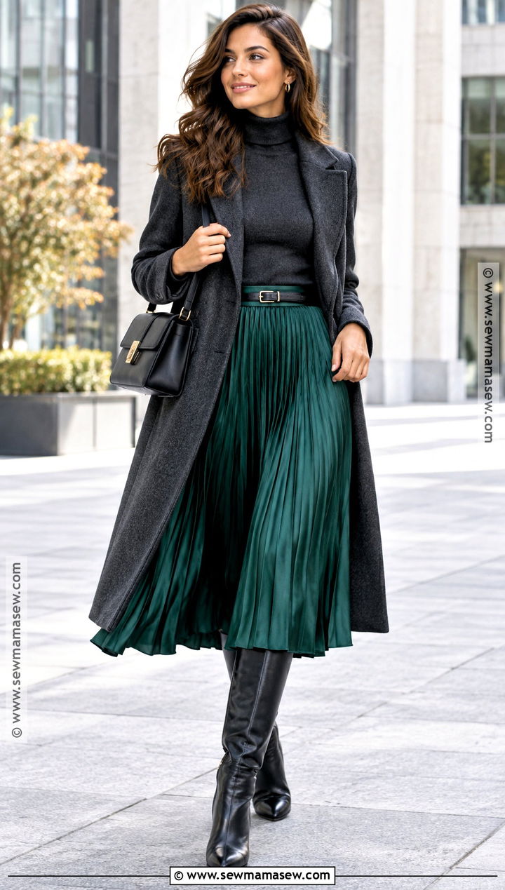 Pleated Silk Skirt With Fitted Turtleneck - 20 silk skirt outfit fall ideas