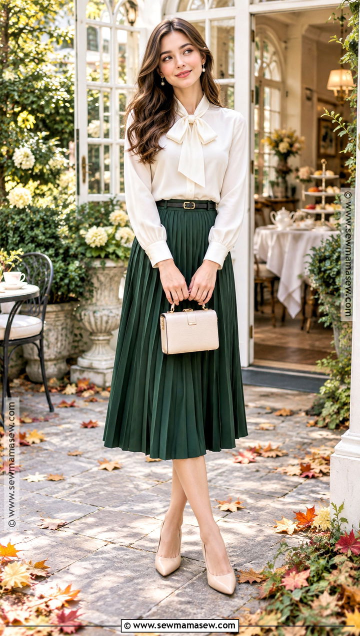 Pleated Skirt And Bow Blouse Afternoon Tea Outfit - 20 fall afternoon tea outfit ideas