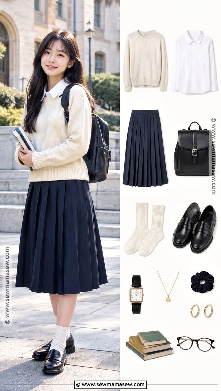 Pleated Skirt And Crewneck Sweater Back To School Outfit - 15 back to school outfit collage ideas