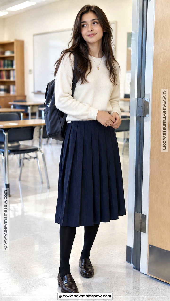 Pleated Skirt And Crewneck Sweater Fall School Outfit - 30 fall outfits for school