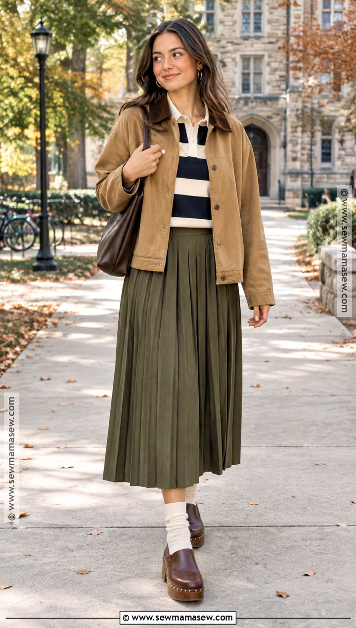 Pleated Skirt And Rugby Shirt With Clogs - 20 fall outfits with clogs