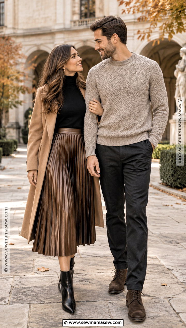 Pleated Skirt And Turtleneck Fall Engagement Photo Outfit - 25 fall engagement photos outfits