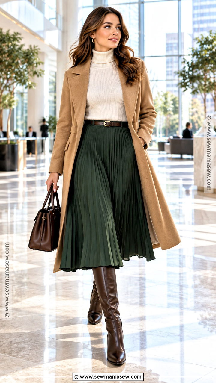 Pleated Skirt And Turtleneck Work Outfit - 20 Stylish Work Outfits Fall
