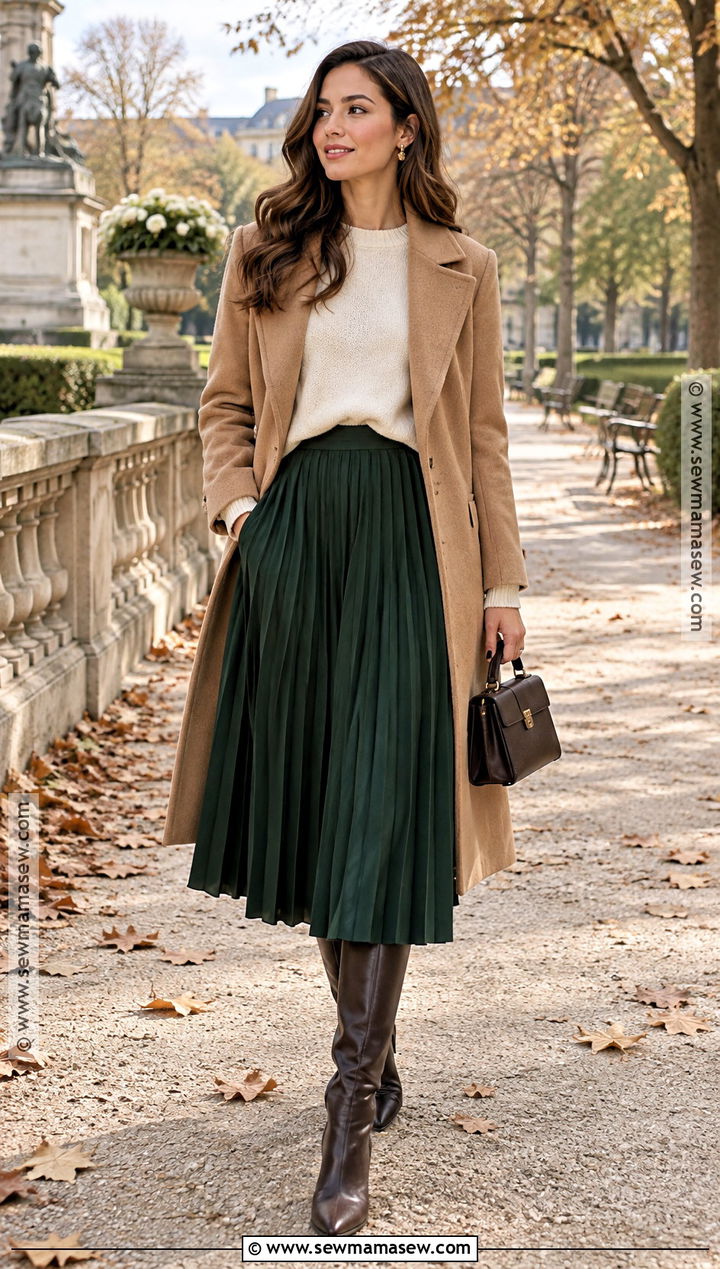 Pleated Skirt Fall Outfit With Crewneck Sweater - 20 chic outfits fall