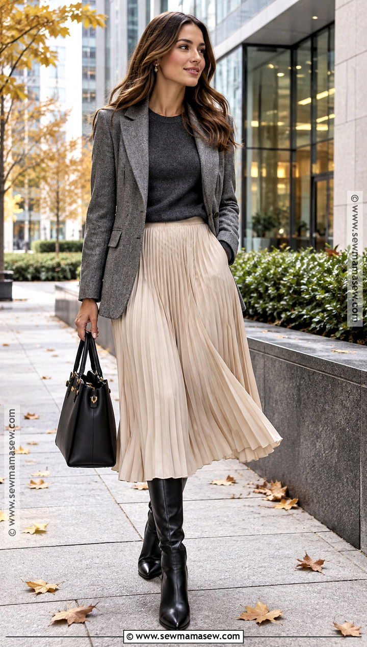 Pleated Skirt Fall Outfit With a Wool Blazer - 20 Sophisticated Fall Outfits