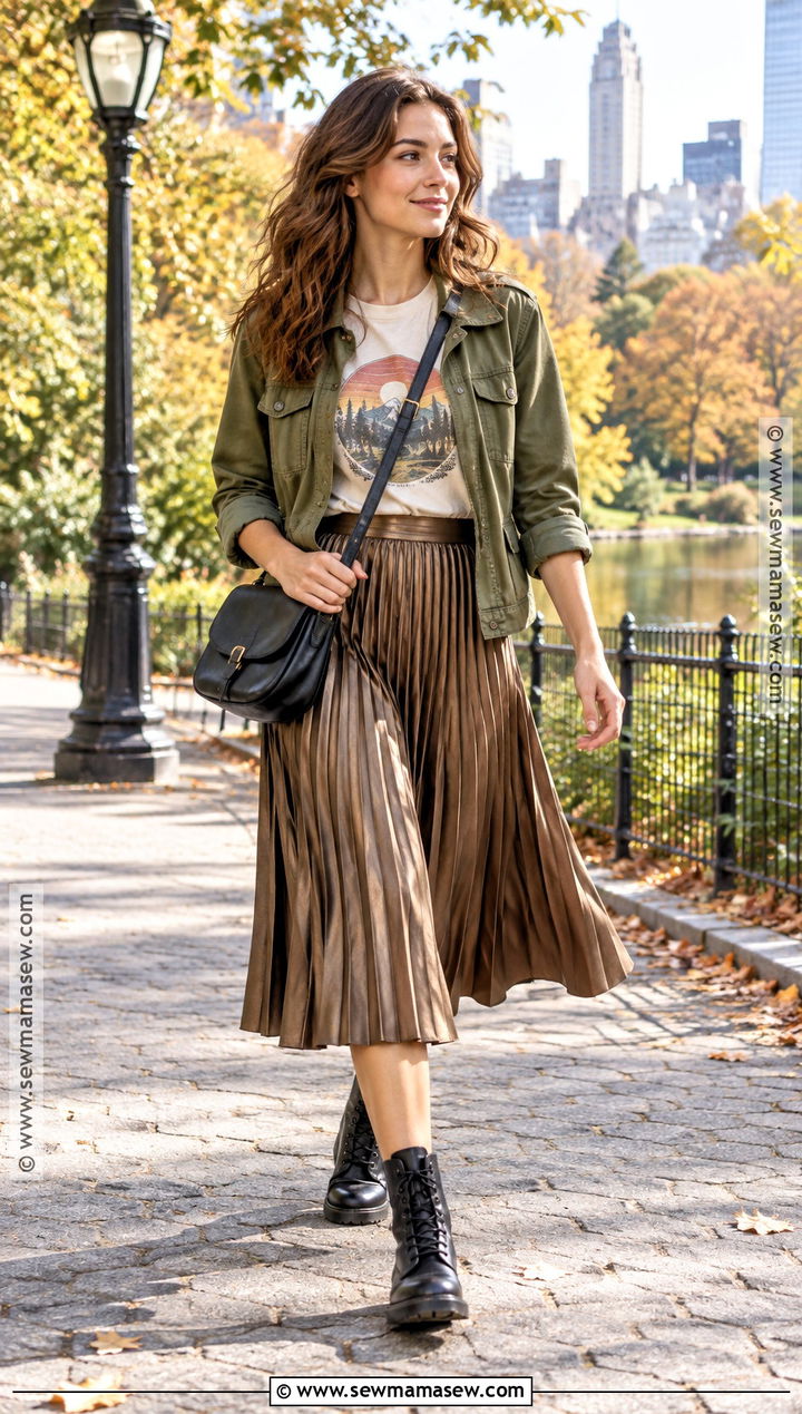 Pleated Skirt With Graphic Tee And Utility Jacket - 20 pleated skirt fall outfit ideas